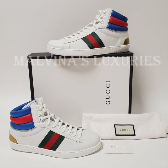 GUCCI SNEAKERS MENS ACE HIGH TOP WHITE LEATHER WEB STRIPE SHOES sz 10G 10.5 - Picture 2 of 12